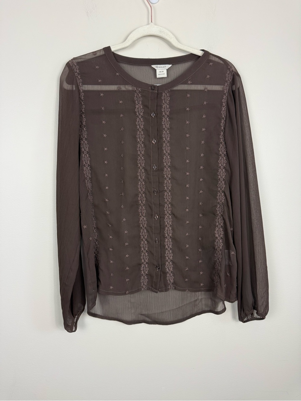 Ariat Top Womens Medium Sheer Embroidered Brown Lace Western Cowgirl Shirt